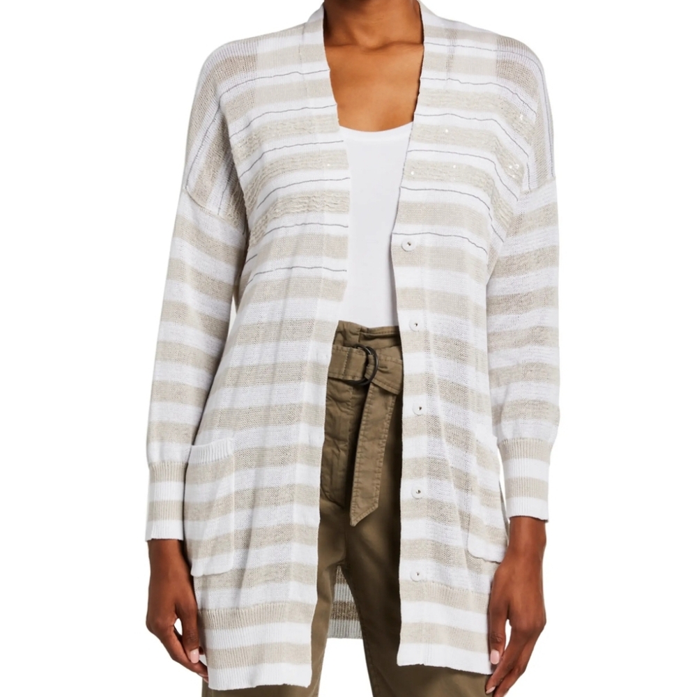 Brunello Cucinelli Monili beaded & sequin stripe cotton cardigan sweater NEW S